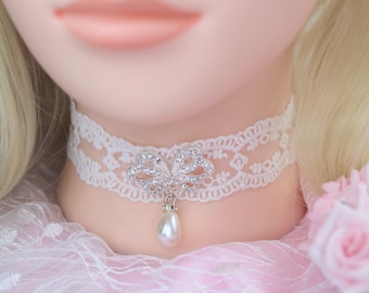 Gargantilla de encaje, collar de encaje color marfil con hermosa decoración de cristales y perlas, para mujer.