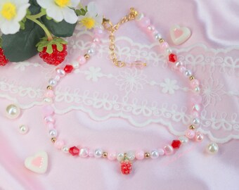 Strawberry Necklace, Natural pearls, Acrylic, Glass Beads, Cute Jewelry, Lovely small Strawberry Charm