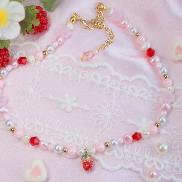 Strawberry Necklace, Natural pearls, Acrylic, Glass Beads, Cute Jewelry, Lovely small Strawberry Charm