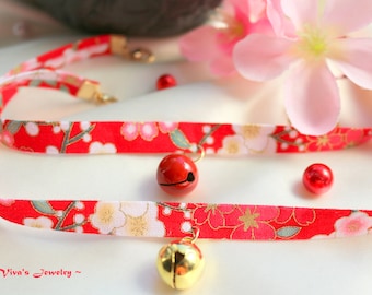 Japanese Style Choker, Necklace, Red, Gold Kitten bell , Sakura Cotton Ribbon, Cute Romantic Jewelry