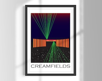 Puede incluir: Un póster enmarcado en negro con un diseño gráfico colorido. El diseño presenta un fondo azul oscuro con líneas verdes que irradian desde un punto central. Las líneas convergen en una barra horizontal naranja con el texto "Creamfields" en blanco. El póster tiene el texto "CREAMFIELDS" en blanco en la parte inferior.
