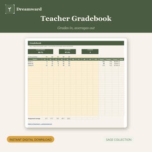 May include: A digital teacher gradebook template with a dark green header and cream-colored grid. The document features sections for class average, top score, student names, assignment points, and calculated grades, with the text Dreamward displayed.