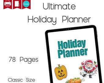 May include: A digital holiday planner on a tablet screen. The planner features the text "Holiday Planner" in teal, along with illustrations of a jack-o'-lantern, Santa Claus, and a holiday meal. The planner is 7" x 9.25" and has 78 pages.