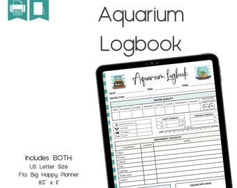 May include: A digital printable aquarium logbook in a blue and white checkered pattern. The logbook includes sections for date, water type, time, water quality, light schedule, feeding schedule, equipment checklist, observation notes, and aquascape ideas. The logbook is compatible with both US Letter and Classic Happy Planner sizes.