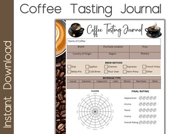 Puede incluir: Diario de cata de café imprimible con una rueda de sabores en blanco y negro, una sección para notas y una escala de calificación para la apariencia, el aroma, el sabor, la crema y la calificación general.