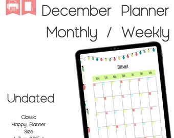 Calendario stampabile, Calendario non datato di dicembre, Pianificatore di dicembre, Calendario mensile, Calendario settimanale, HP classico
