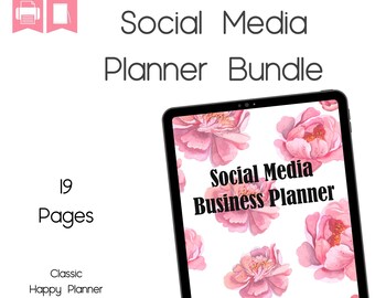 Op de afbeelding: Een digitale planner voor het plannen van sociale media-bedrijven. De omslag heeft een roze bloemenontwerp met de tekst "Social Media Business Planner". De planner is 17,8 cm bij 23,5 cm en heeft 19 pagina's.