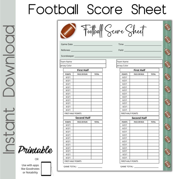Football Score Card, Football Scoresheet