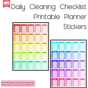 May include: A set of printable daily cleaning checklist stickers. The stickers are in a rainbow of colors, with each color having a different design. The text "To Clean" is repeated on each sticker.