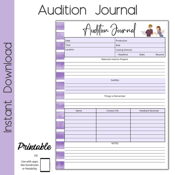 Audition Journal, Drama School, Acting Audition, Printable Journal, Goodnotes Journal Page