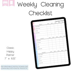 Weekly Cleaning Checklist, Printable Planner, 2 Pages, Happy Planner image 1