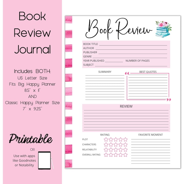 Book Review Journal, Book Club Printable, Reading Journal, Reading Tracker, Reading Log, Printable Journal, Goodnotes Journal