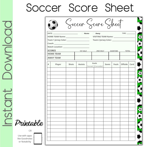 Soccer Score Card, Soccer Scoresheet