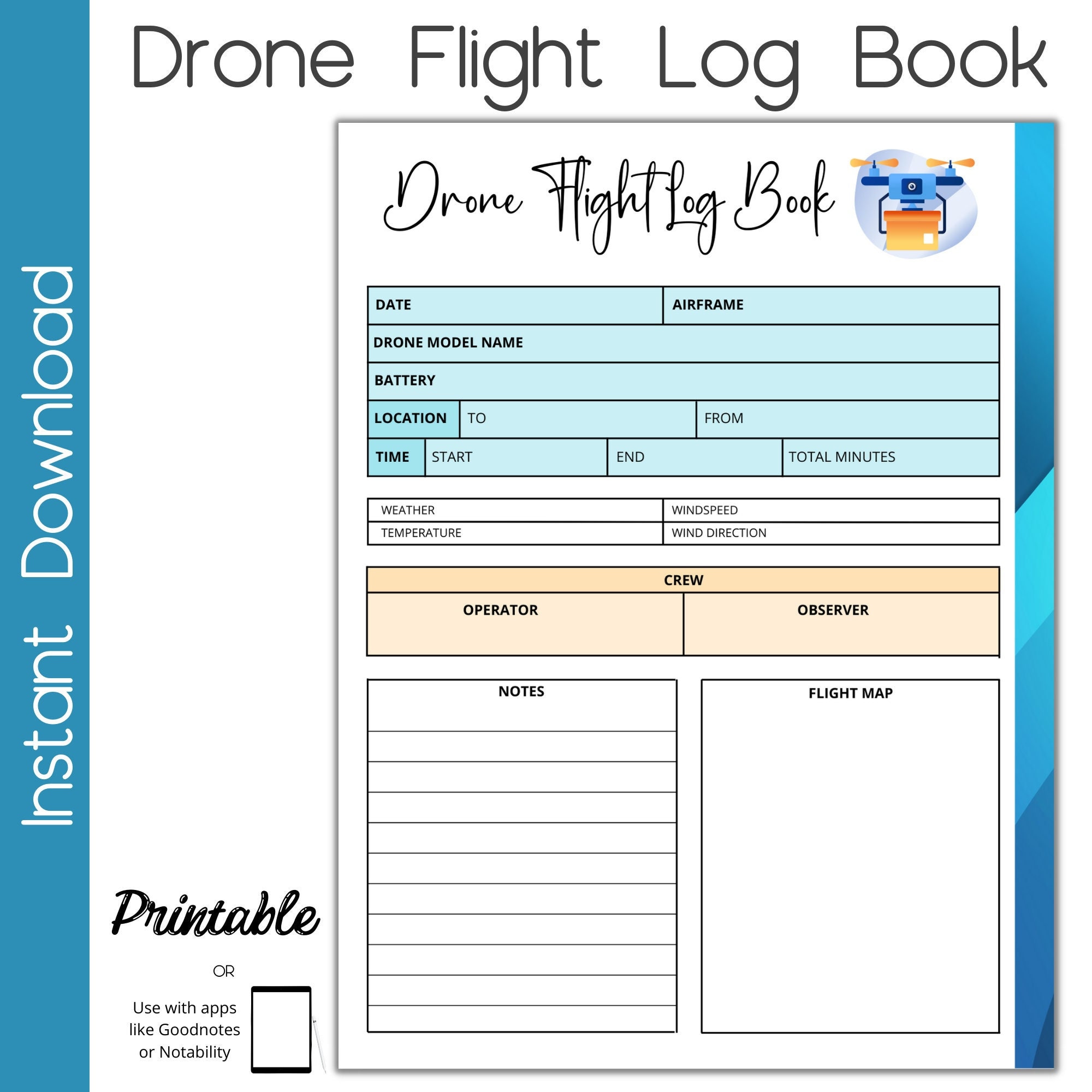 Carnet de vol DRONE: Suivi des vols de Drone|Journal de bord Drone|carnet  de vol pilote de Drone|120 fiches pré-remplies pour noter vos vols   (8.25