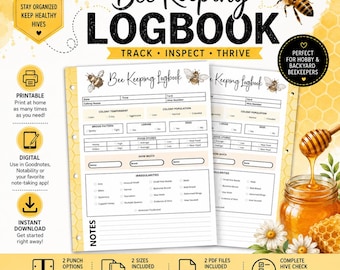 May include: A printable bee keeping logbook titled "Bee Keeping Logbook" with sections for tracking hive health, population, and food stores. The design features bee illustrations and a honeycomb pattern. Includes the words "Track, Inspect, Thrive".