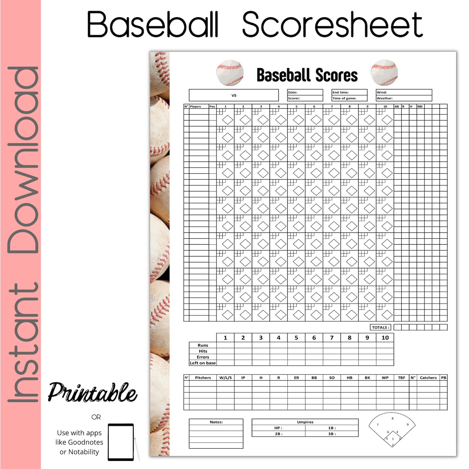Baseball Scoresheet, Softball Scoresheet, Printable Scoresheet Etsy