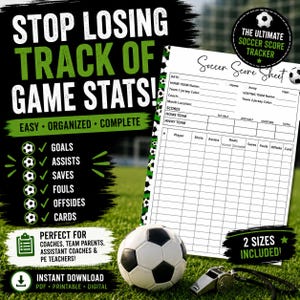 Hoja de registro de estadísticas de fútbol imprimible, hoja de puntuación de fútbol, estadísticas de partidos de fútbol en PDF, libro de anotaciones del entrenador, hoja de seguimiento del equipo