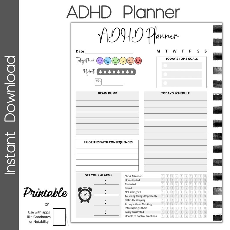 Op de afbeelding: Een printbare ADHD-planner met een zwart-wit ontwerp. De planner bevat secties voor dagelijkse doelen, braindump, schema, prioriteiten met consequenties en het instellen van alarmen. De planner bevat ook een moodtracker en een hydratatietracker.