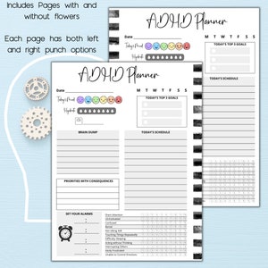 Op de afbeelding: Een zwart-witte planner met de tekst "ADHD Planner" op de omslag. De planner bevat secties voor dagelijkse doelen, een braindump, prioriteiten met consequenties en het instellen van alarmen. De planner bevat ook een moodtracker en een hydratatietracker.