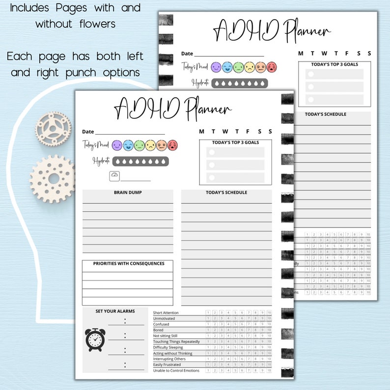Op de afbeelding: Een zwart-witte planner met de tekst "ADHD Planner" op de omslag. De planner bevat secties voor dagelijkse doelen, een braindump, prioriteiten met consequenties en het instellen van alarmen. De planner bevat ook een moodtracker en een hydratatietracker.