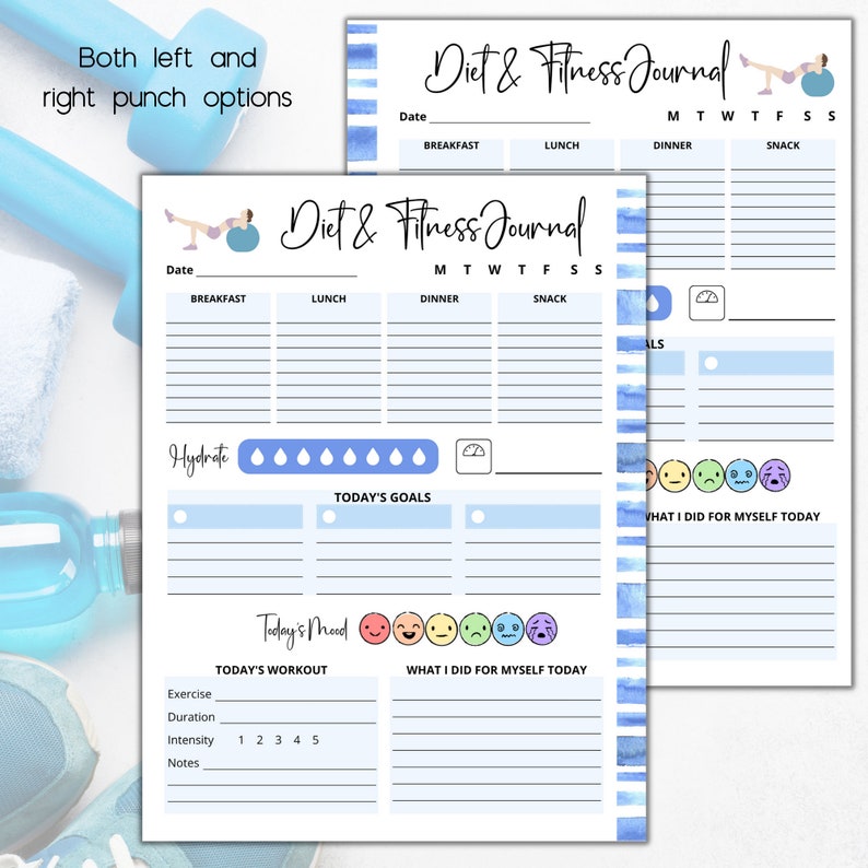 May include: A printable diet and fitness journal with a blue watercolor background. The journal includes sections for tracking meals, workouts, goals, and mood.