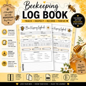 Puede incluir: Cuaderno de registro de apicultura con el texto "Beekeeping Log Book" y "Track, Inspect, Record, Thrive". Incluye opciones imprimibles y digitales. Cuenta con seguimiento de control de colmenas y es un gran regalo para apicultores.