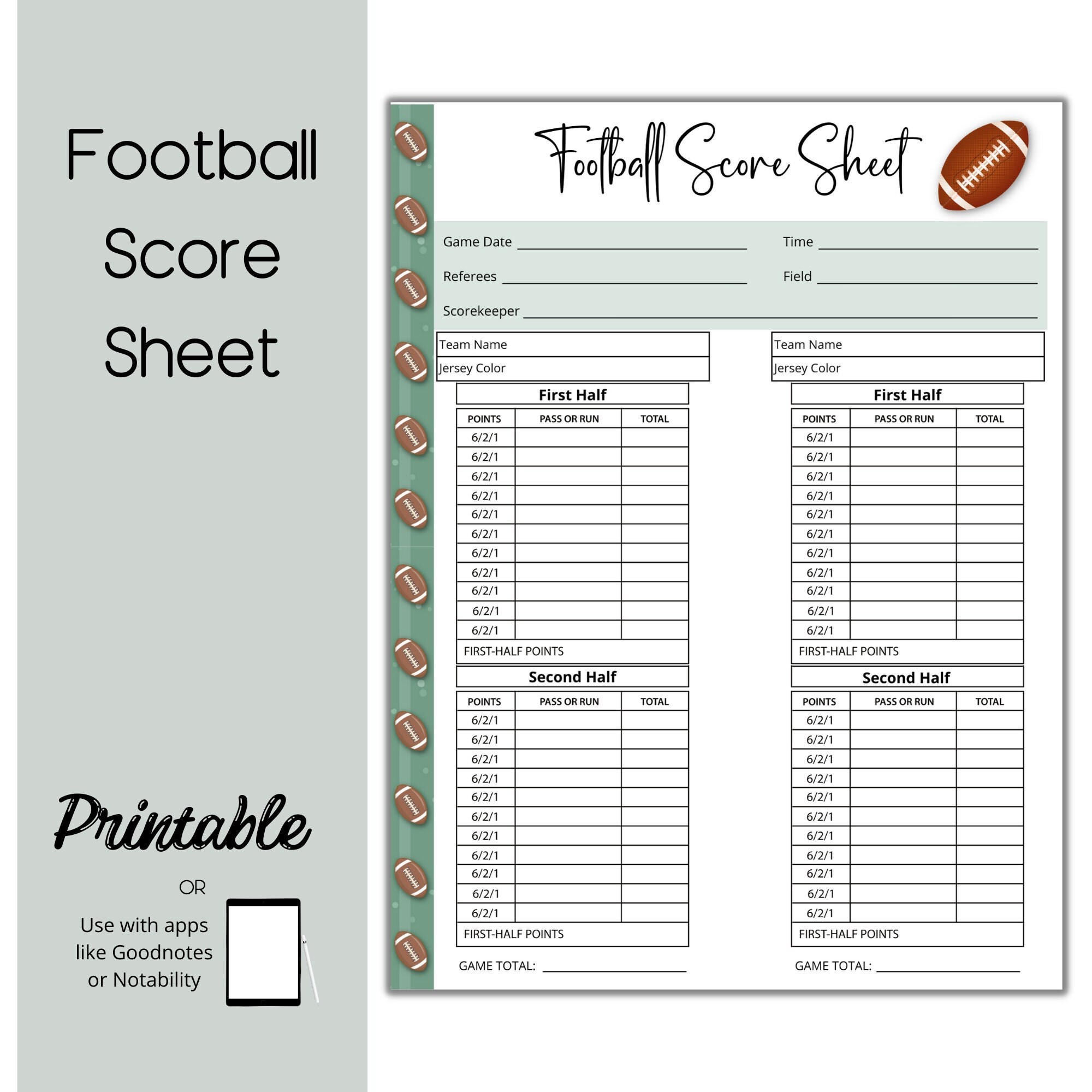 Football Score Card Football Scoresheet Etsy