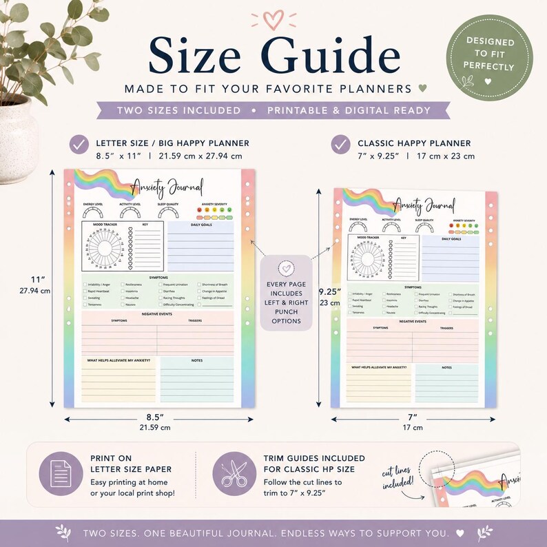 Peut inclure: Un guide des tailles de planificateur avec deux formats de journal : 21,59 cm x 27,94 cm et 17 cm x 23 cm. Les pages du "Journal d'Anxi&eacute;t&eacute;" pr&eacute;sentent des accents arc-en-ciel et des sections pour le suivi de l'humeur, les sympt&ocirc;mes et les objectifs quotidiens.