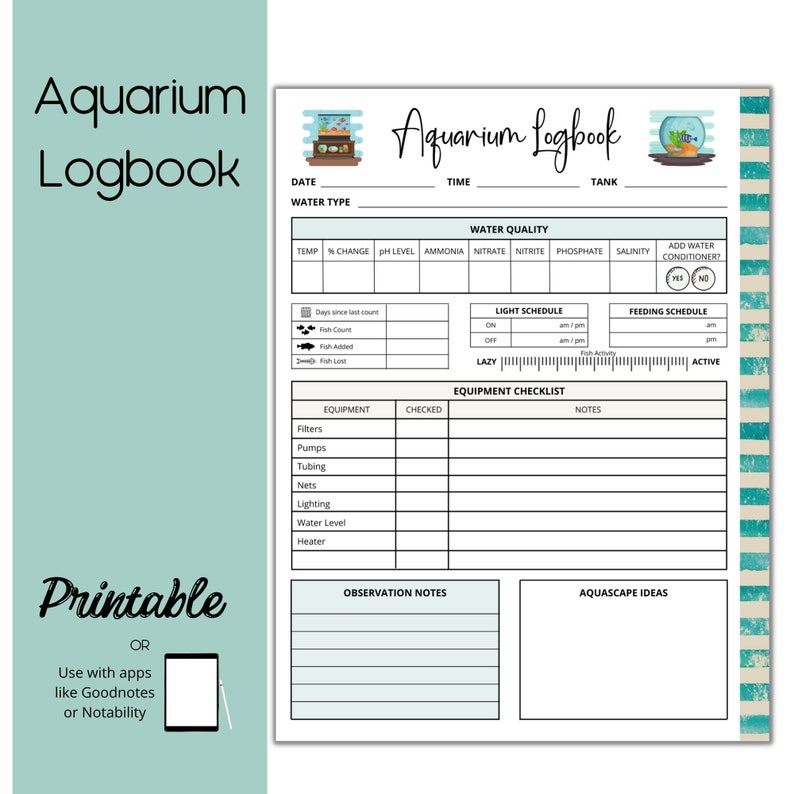 Aquarium Logbook Fish Tank Logbook Aquarium Maintenance Log Etsy Sweden