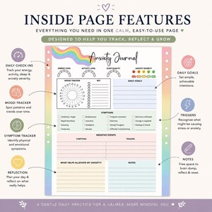 Peut inclure: Page d'un journal d'anxi&eacute;t&eacute; avec des accents arc-en-ciel. Comprend des contr&ocirc;les quotidiens, un suivi de l'humeur, des sympt&ocirc;mes et des r&eacute;flexions. Comprend des sections pour les objectifs quotidiens, les d&eacute;clencheurs et les notes. Le texte indique "Inside Page Features".