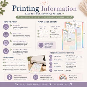 Peut inclure: Graphique d'information sur l'impression d'un journal. Il comprend des instructions sur la fa&ccedil;on d'imprimer, les options de format de papier et les param&egrave;tres d'impression recommand&eacute;s. Le texte comprend "Printing Information" et "Easy to Print, Beautiful Results."