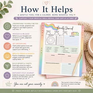 Peut inclure: Journal d'anxi&eacute;t&eacute; avec un design arc-en-ciel, un stylo dor&eacute; et une tasse de caf&eacute;. Le journal comprend des sections pour le suivi de l'humeur, les objectifs quotidiens et le suivi des sympt&ocirc;mes. Le texte sur le journal se lit "How It Helps" et "You are not your anxiety."