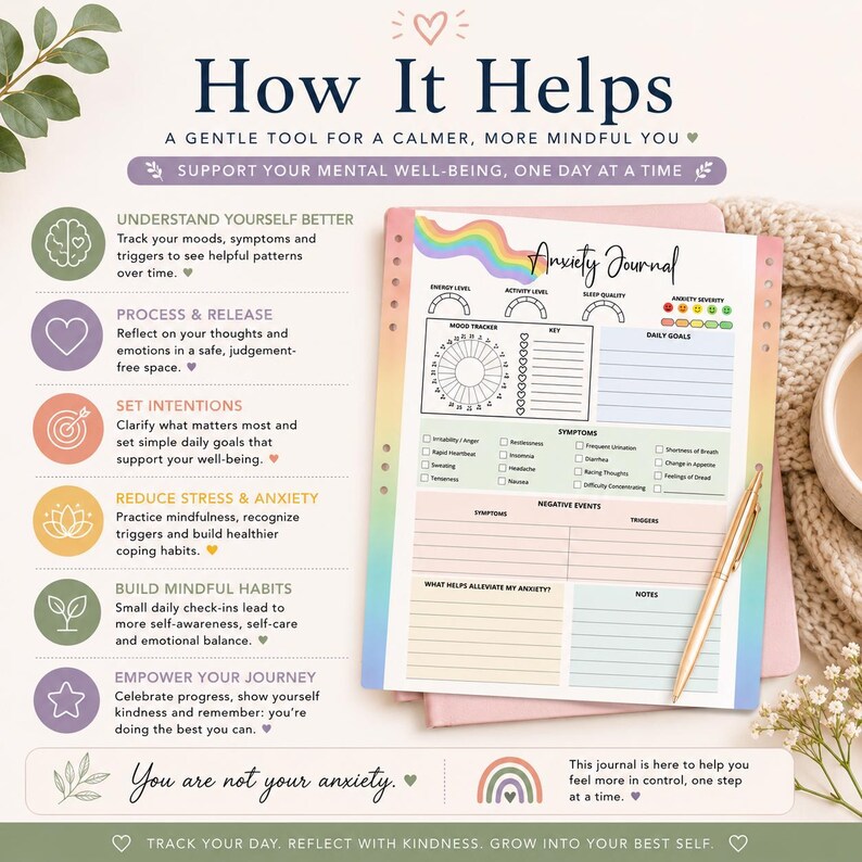 Peut inclure: Journal d'anxi&eacute;t&eacute; avec un design arc-en-ciel, un stylo dor&eacute; et une tasse de caf&eacute;. Le journal comprend des sections pour le suivi de l'humeur, les objectifs quotidiens et le suivi des sympt&ocirc;mes. Le texte sur le journal se lit "How It Helps" et "You are not your anxiety."