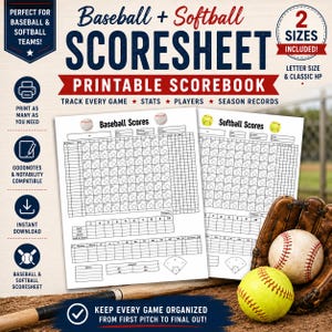 May include: Printable baseball and softball scoresheets. The design includes baseball and softball scoresheets, baseballs, a softball, and a baseball glove. The text includes "Baseball + Softball SCORESHEET" and "KEEP EVERY GAME ORGANIZED FROM FIRST PITCH TO FINAL OUT!"