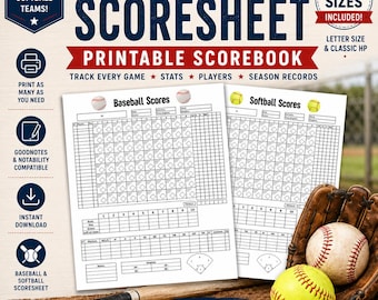 Baseball Scoresheet zum ausdrucken, Softball Scorebook, Baseball Statistik Tracker PDF zum herunterladen