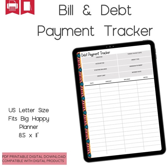 Bill Tracker, Debt Payment Tracker, Printable Planner Insert, Letter Size, Big HP