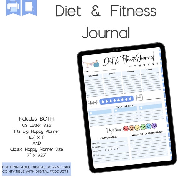 Diet and Workout Journal, Food and Fitness Journal, Workout Planner, Diet Planner