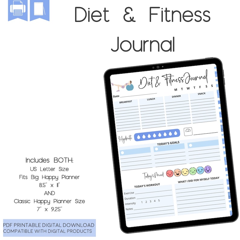 May include: A digital planner template for a diet and fitness journal. The template includes sections for tracking meals, workouts, goals, and mood. The template is compatible with both US Letter and Classic Happy Planner sizes.