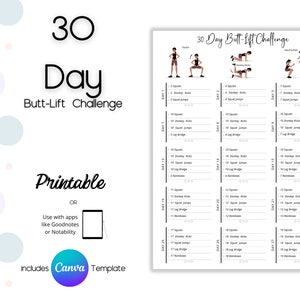 Pode incluir: Planificador de treino imprimível de 30 dias para o desafio de levantamento de glúteos com ilustrações de exercícios. O planificador inclui espaço para acompanhar agachamentos, chutes de burro, saltos de agachamento, pontes de perna e 'roundhouses'.