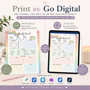 Peut inclure: Image d'un journal d'anxi&eacute;t&eacute; imprimable et num&eacute;rique. La version imprimable est sur papier, et la version num&eacute;rique est affich&eacute;e sur une tablette. Le journal comprend des sections pour le suivi de l'humeur, les sympt&ocirc;mes et les objectifs quotidiens. Le texte dit "Print or Go Digital."