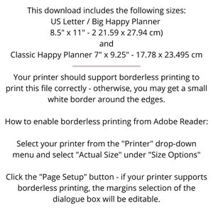 Puede incluir: Texto que explica c&oacute;mo imprimir un archivo en los tama&ntilde;os US Letter o Classic Happy Planner. Se recomienda utilizar la impresi&oacute;n sin bordes para evitar un borde blanco alrededor de los bordes. Se proporcionan instrucciones para habilitar la impresi&oacute;n sin bordes en Adobe Reader.