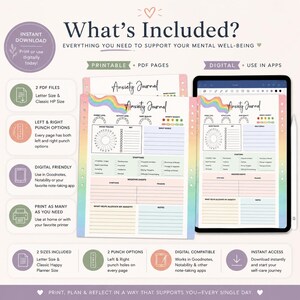 Peut inclure: Un journal d'anxi&eacute;t&eacute; num&eacute;rique et imprimable avec des accents arc-en-ciel. Le journal comprend des sections pour le suivi de l'humeur, les objectifs quotidiens et l'analyse des sympt&ocirc;mes. Disponible en deux tailles, compatible avec les applications de prise de notes.