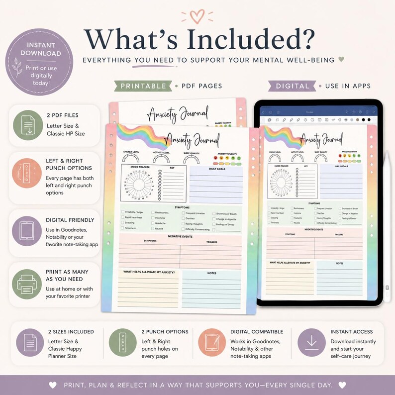 Peut inclure: Un journal d'anxi&eacute;t&eacute; num&eacute;rique et imprimable avec des accents arc-en-ciel. Le journal comprend des sections pour le suivi de l'humeur, les objectifs quotidiens et l'analyse des sympt&ocirc;mes. Disponible en deux tailles, compatible avec les applications de prise de notes.