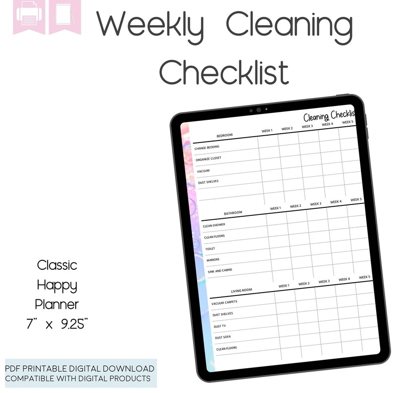 Weekly Cleaning Checklist, Printable Planner, 2 Pages, Happy Planner image 1