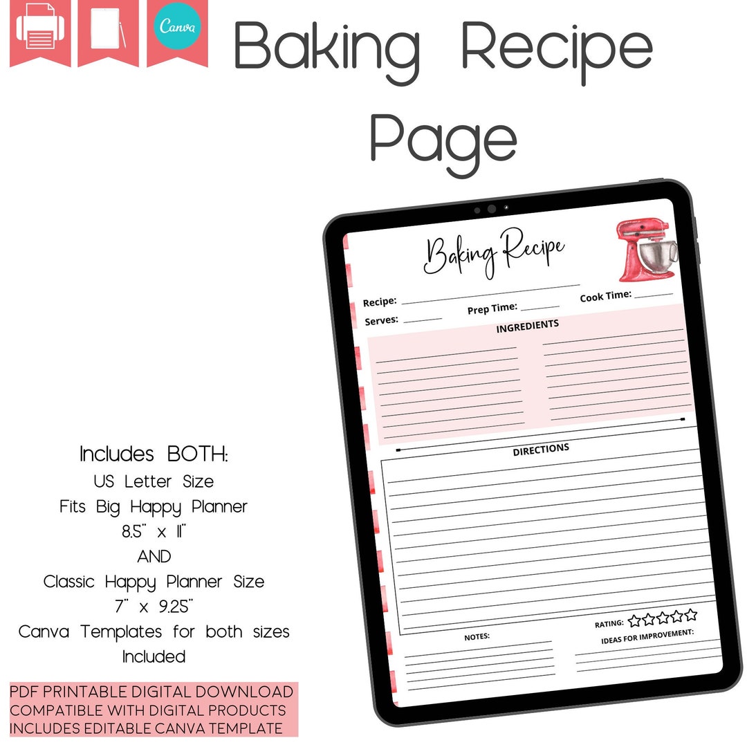 Baking Recipe Template, Printable Recipe Book, Editable Recipe Binder