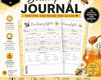 May include: A beekeeping journal with a yellow and white design, featuring sections for tracking hive health and colony data. The cover displays the text "Beekeeping Journal" and a bee illustration. Includes two sizes: Letter (21.6 x 27.9 cm) and Classic HP (17.8 x 23.5 cm).