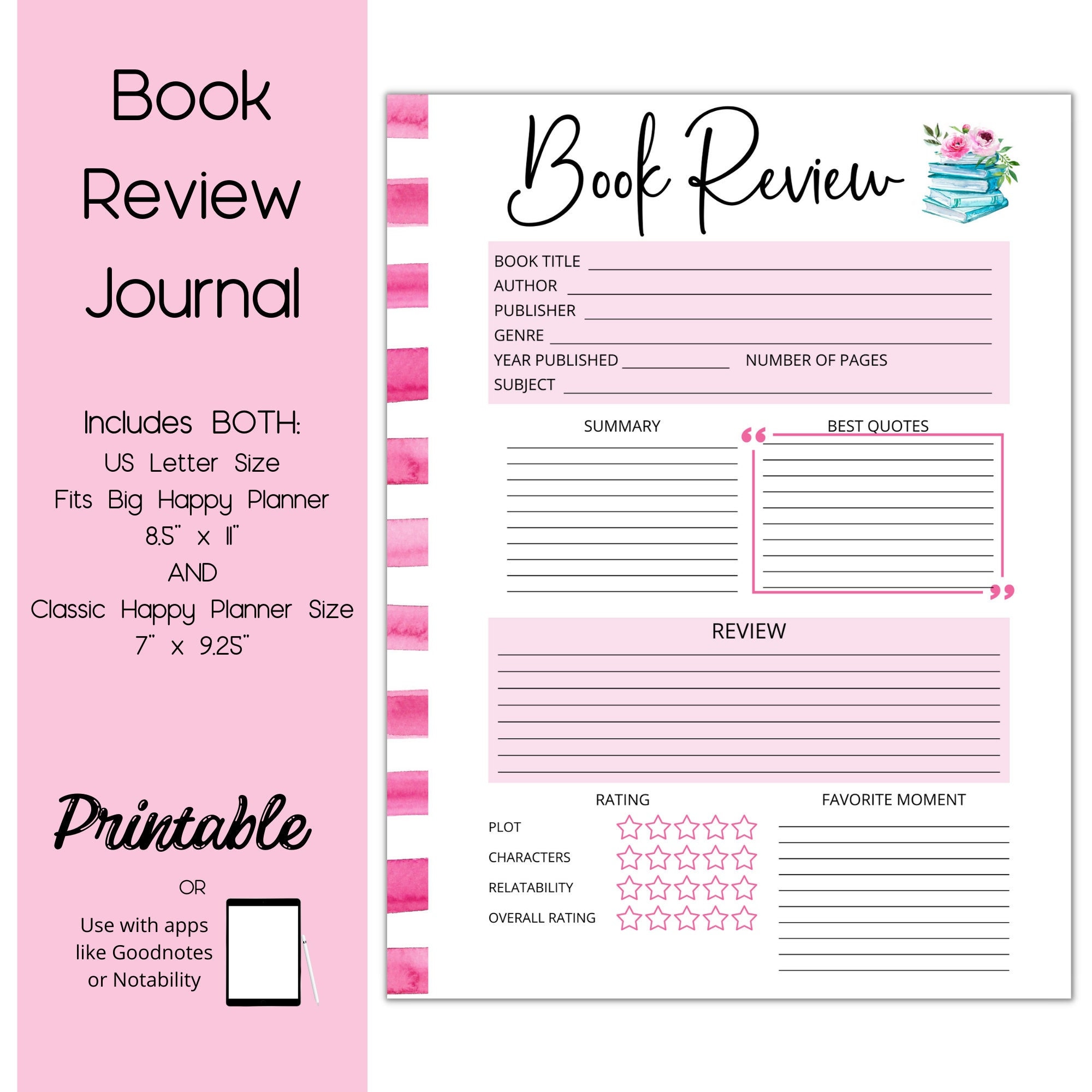 Book Review Journal Book Club Printable Reading Journal Reading