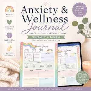 Peut inclure: Journal de bien-&ecirc;tre et d'anxi&eacute;t&eacute; imprimable et num&eacute;rique, avec un design arc-en-ciel. Le journal comprend des sections pour suivre l'humeur, les sympt&ocirc;mes et les objectifs quotidiens. Con&ccedil;u pour le bien-&ecirc;tre mental, il est disponible en format lettre.
