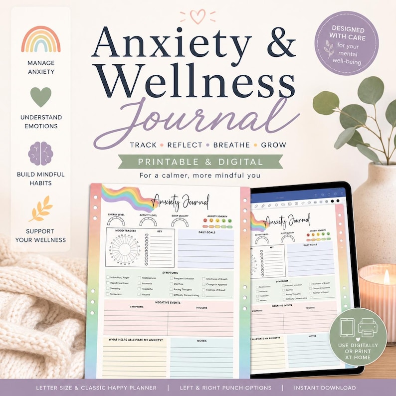 Peut inclure: Journal de bien-&ecirc;tre et d'anxi&eacute;t&eacute; imprimable et num&eacute;rique, avec un design arc-en-ciel. Le journal comprend des sections pour suivre l'humeur, les sympt&ocirc;mes et les objectifs quotidiens. Con&ccedil;u pour le bien-&ecirc;tre mental, il est disponible en format lettre.