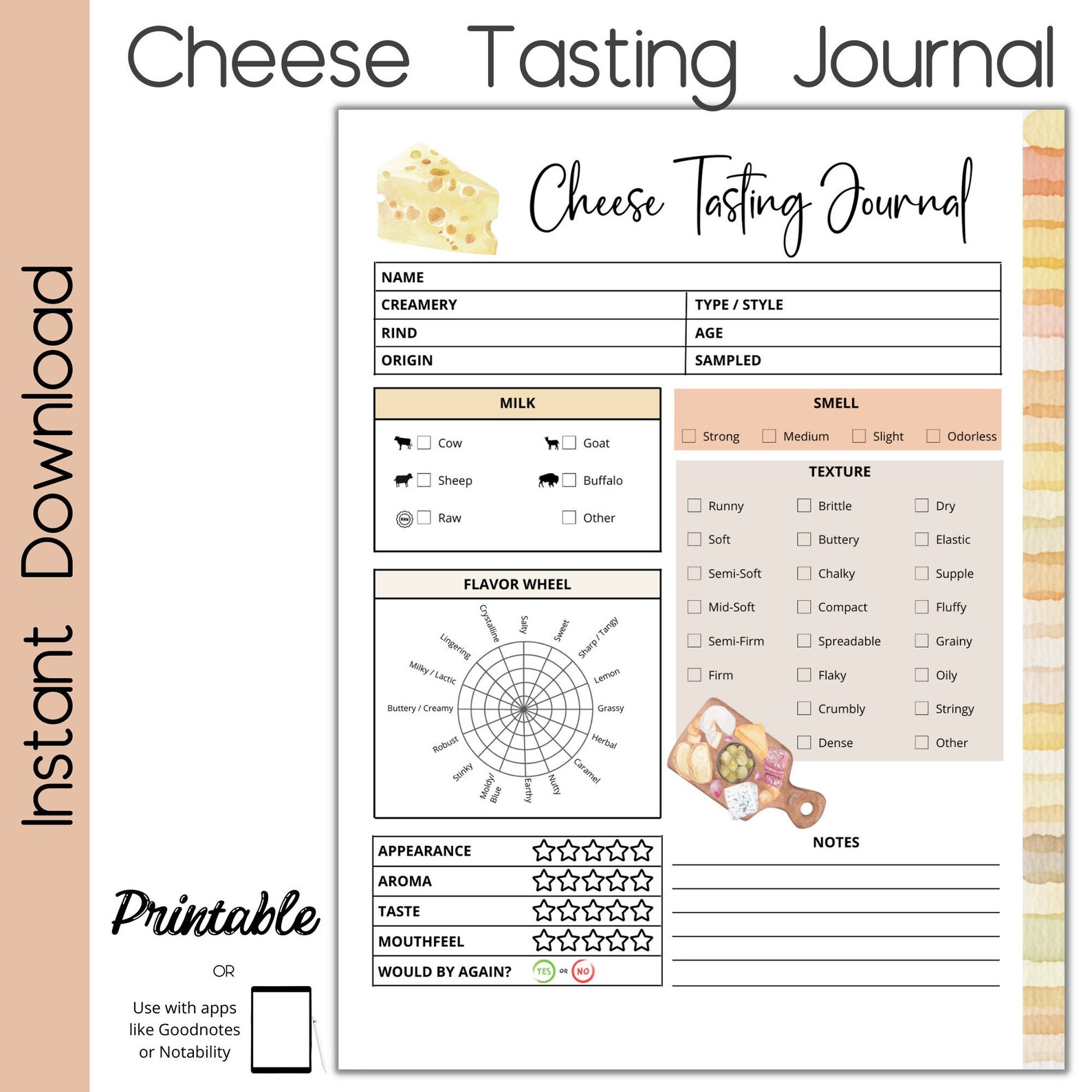 Cheese Tasting Notes Journal Printable Etsy